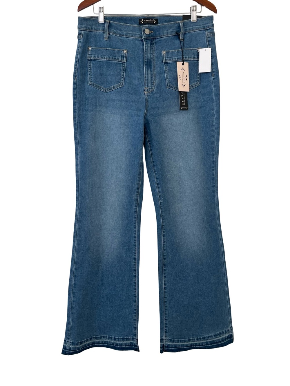 Nanette Lepore Jolie Super High-rise Flare Release Raw Hem Jeans Blue 14 NWT